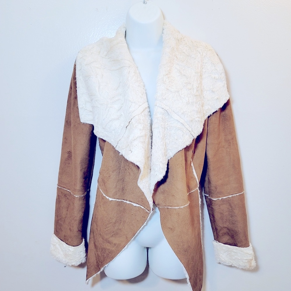 JouJou Faux Shearling Brown Lapel Neck Viscose Solid Cow fur style large